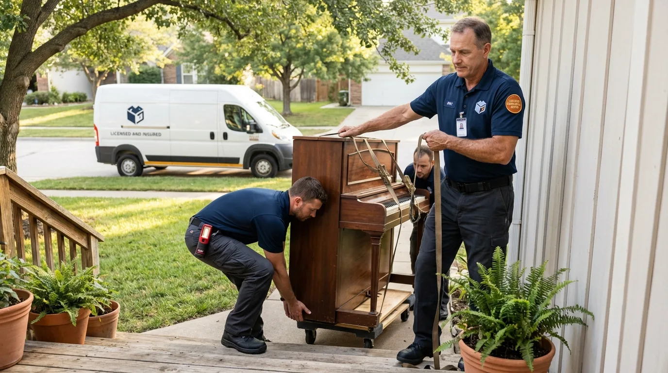 Licensed piano movers securing grand piano in Chesterfield, MO